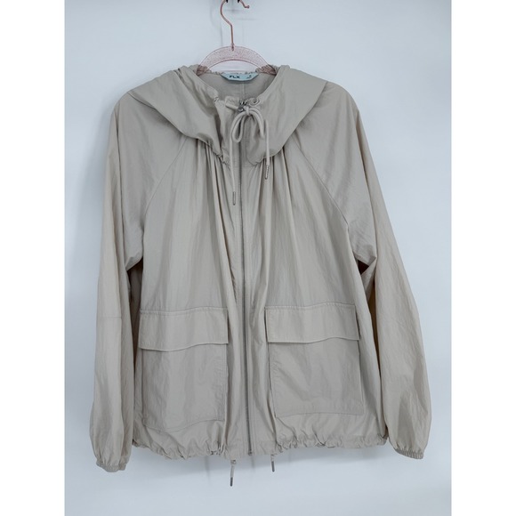 FLX Jackets & Blazers - FLX Womens Beige Nylon Hooded Windbreaker Full Zip Utility Jacket Sz M
